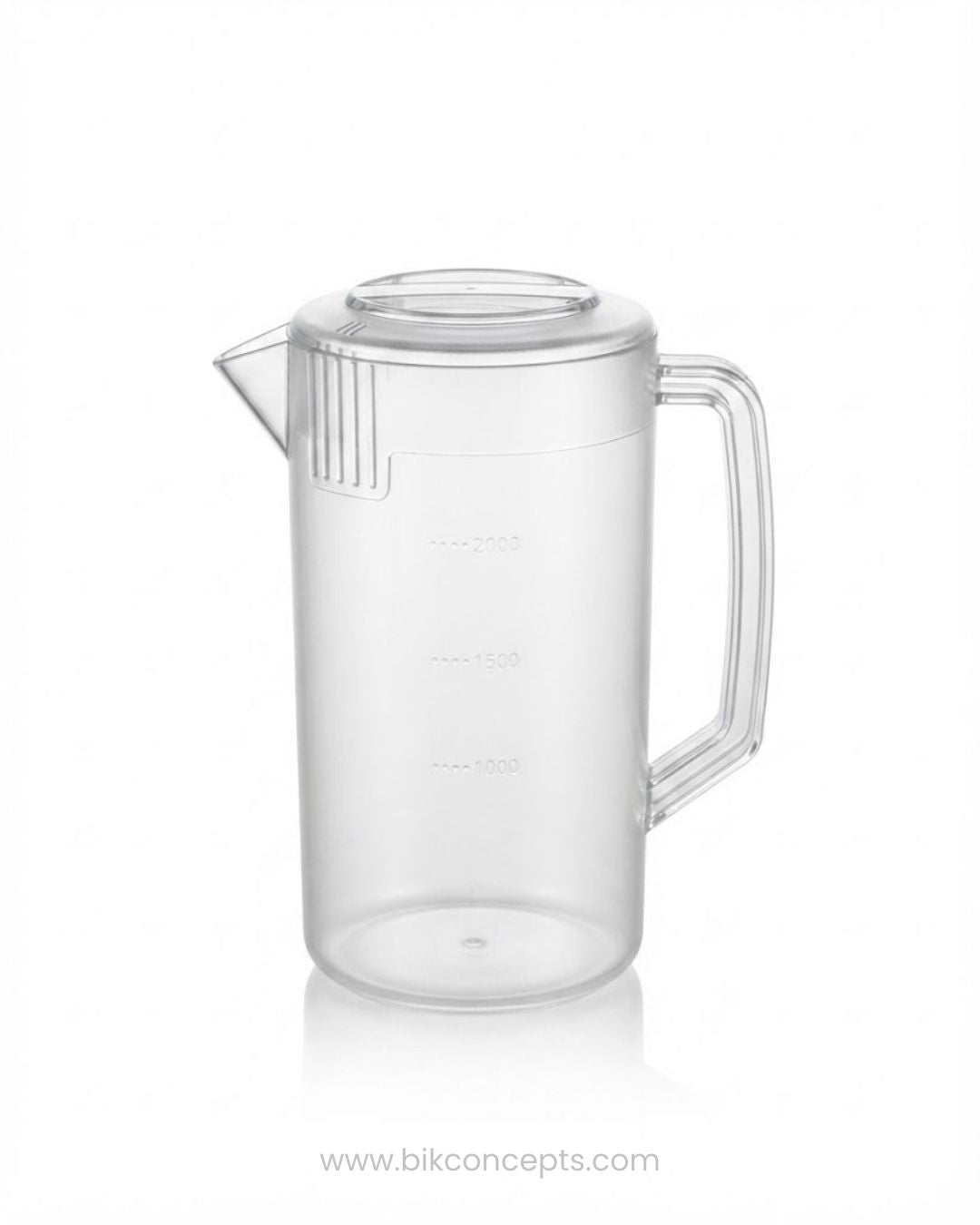 A clear plastic pitcher with a handle, pouring spout, and embossed measurement markings, Commercial Polypropylene Beverage Pitcher, 2.4 Liter Clear Plastic Water Jug, Shatterproof Catering Drink Pitcher, Hotel Buffet Beverage Service Pitcher, Measuring Plastic Pitcher with Lid, Restaurant Plastic Iced Tea Pitcher, Heavy Duty Commercial Plastic Jug, 2400ml Graduated Drink Pitcher, Outdoor Catering Plastic Pitcher, Clear Polypropylene Water Serving Jug.