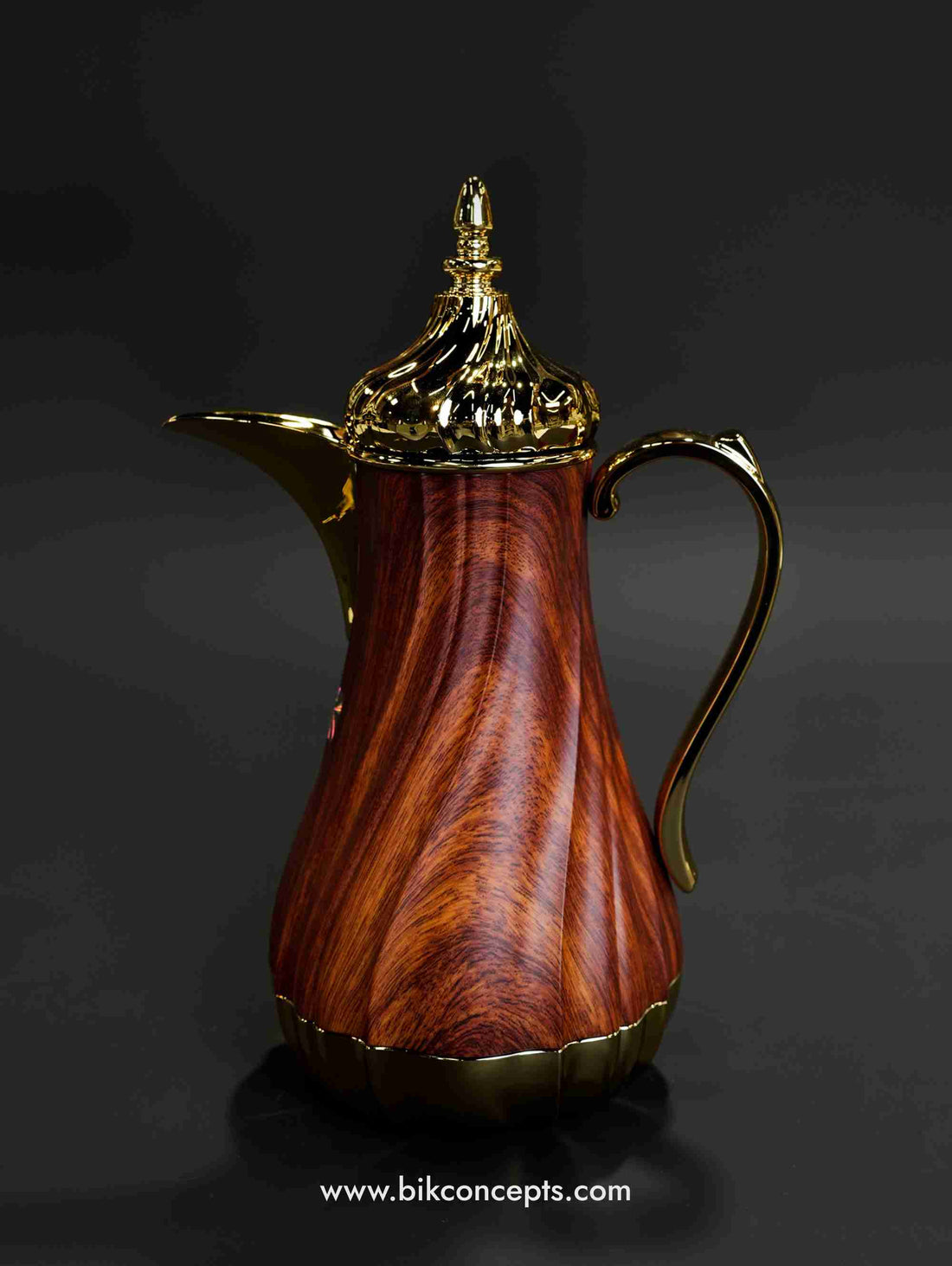Dallah, Arabic coffee pot, thermal flask, insulated teapot, vacuum carafe, Middle Eastern decor, Qahwa server, modern kitchenware, luxury gift, hostess essential, 1L flask Wood grain Dallah, mahogany coffee flask, 1L insulated thermal pot, gold and wood tea server, luxury Gahwa flask, Arabic coffee pot, rustic hospitality.