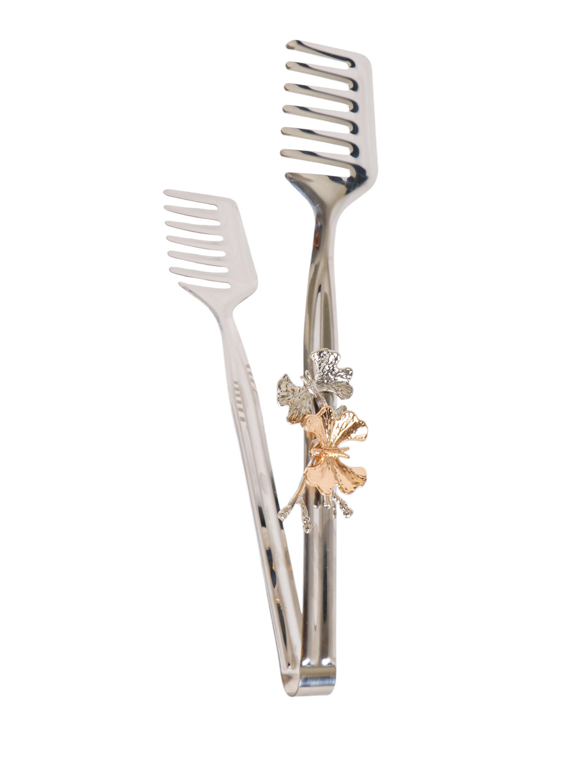 Silver butterfly accent pasta tong with sleek design, side view