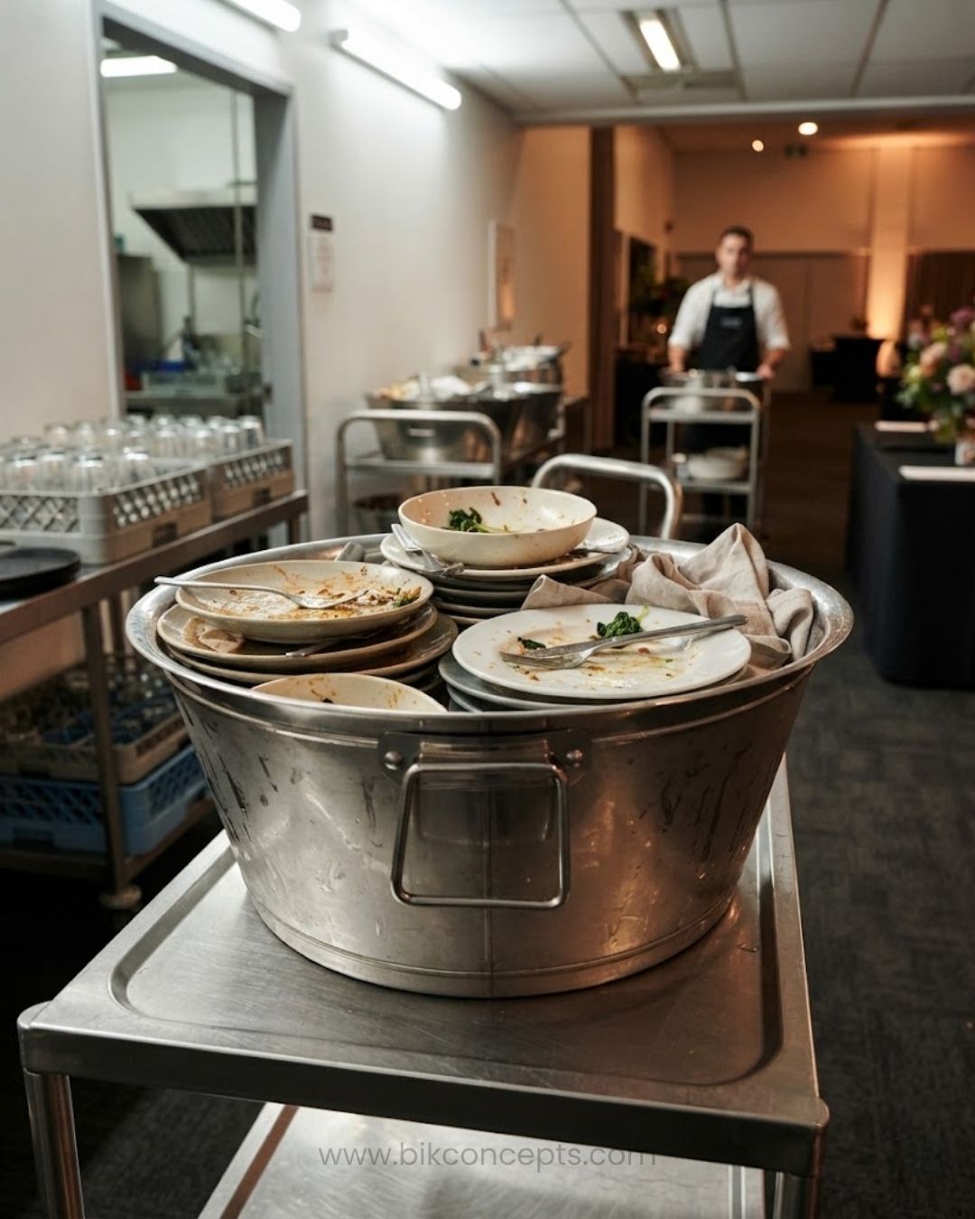 A large stainless steel buffet tub filled with dirty plates, bowls, napkins, and cutlery, placed on a metal cart in a restaurant or catering kitchen. Commercial Stainless Steel Utility Tub, Large Stainless Steel Beverage Tub, 23 Inch Stainless Steel Prep Basin, Hotel Catering Ice Bucket Tub, Heavy Duty Stainless Steel Wash Tub, Commercial Kitchen Food Prep Bowl, Large Party Beverage Chiller Tub, Stainless Steel Storage Tub with Handles, Polished Silver Catering Basin, Multipurpose Commercial Kitchen Tub
