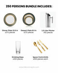 250 Person Commercial Tableware Set, Bulk Hospitality Dinnerware Set, Emerald Green Gold Porcelain Plates, Wholesale Banquet Tableware Package, Heavy Gauge Gold Flatware Bulk, Restaurant Tableware Set 250 Guests, Luxury Catering Dinnerware Bundle, Stainless Steel Pitchers with Ice Guard Bulk