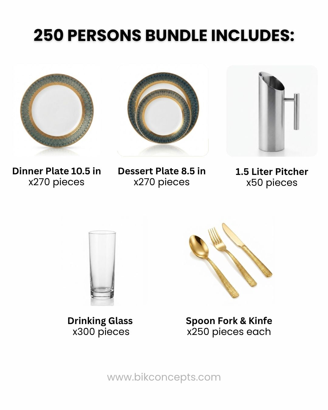 250 Person Commercial Tableware Set, Bulk Hospitality Dinnerware Set, Emerald Green Gold Porcelain Plates, Wholesale Banquet Tableware Package, Heavy Gauge Gold Flatware Bulk, Restaurant Tableware Set 250 Guests, Luxury Catering Dinnerware Bundle, Stainless Steel Pitchers with Ice Guard Bulk