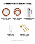 250 Person Commercial Tableware Set, Red and Gold Porcelain Dinnerware Bulk, Wholesale Banquet Tableware Package, Heavy Gauge Gold Flatware Set, Restaurant Tableware Bundle 250 Guests, Luxury Catering Plates and Cutlery, Stainless Steel Water Pitcher Ice Guard Bulk, High End Hospitality Event Tableware