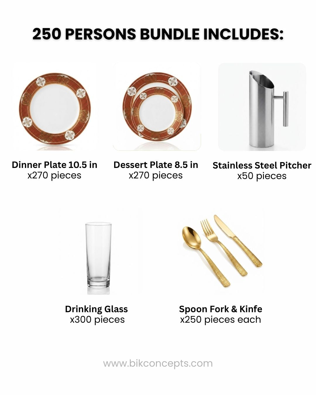 250 Person Commercial Tableware Set, Red and Gold Porcelain Dinnerware Bulk, Wholesale Banquet Tableware Package, Heavy Gauge Gold Flatware Set, Restaurant Tableware Bundle 250 Guests, Luxury Catering Plates and Cutlery, Stainless Steel Water Pitcher Ice Guard Bulk, High End Hospitality Event Tableware