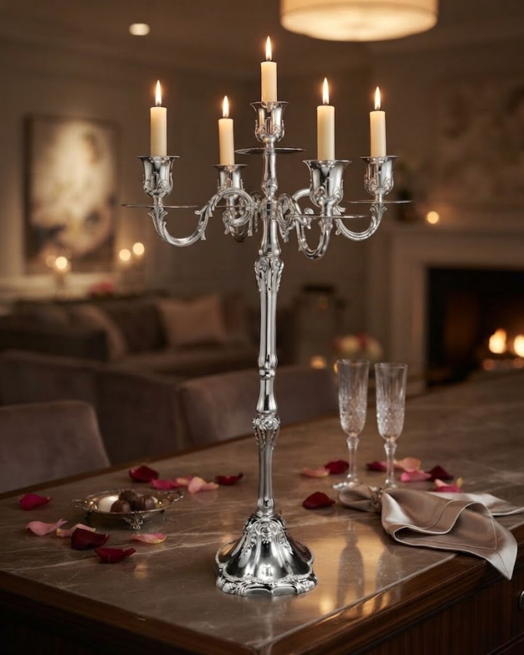 A tall silver candelabra with five lit white candles stands on a dining table in a warmly lit living room. The table is styled with rose petals, a folded napkin, and two clear stemmed glasses, 26 Inch Silver Candelabra, 5 Light Metal Candle Stand, Tall Silver Candle Holder USA, Luxury Table Centerpiece Candelabra, Vintage Rococo Silver Candelabra, High End Wedding Centerpiece Stand, Polished Silver Taper Candle Holder, Designer Estate Mantel Decor, Classical European Metal Candle Stand, Elegant Dinner Party