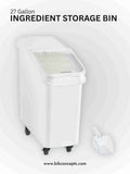 27 gallon mobile ingredient storage bin with sliding lid and scoop, commercial ingredient storage bin on wheels, bakery flour storage bin 21 gallon capacity