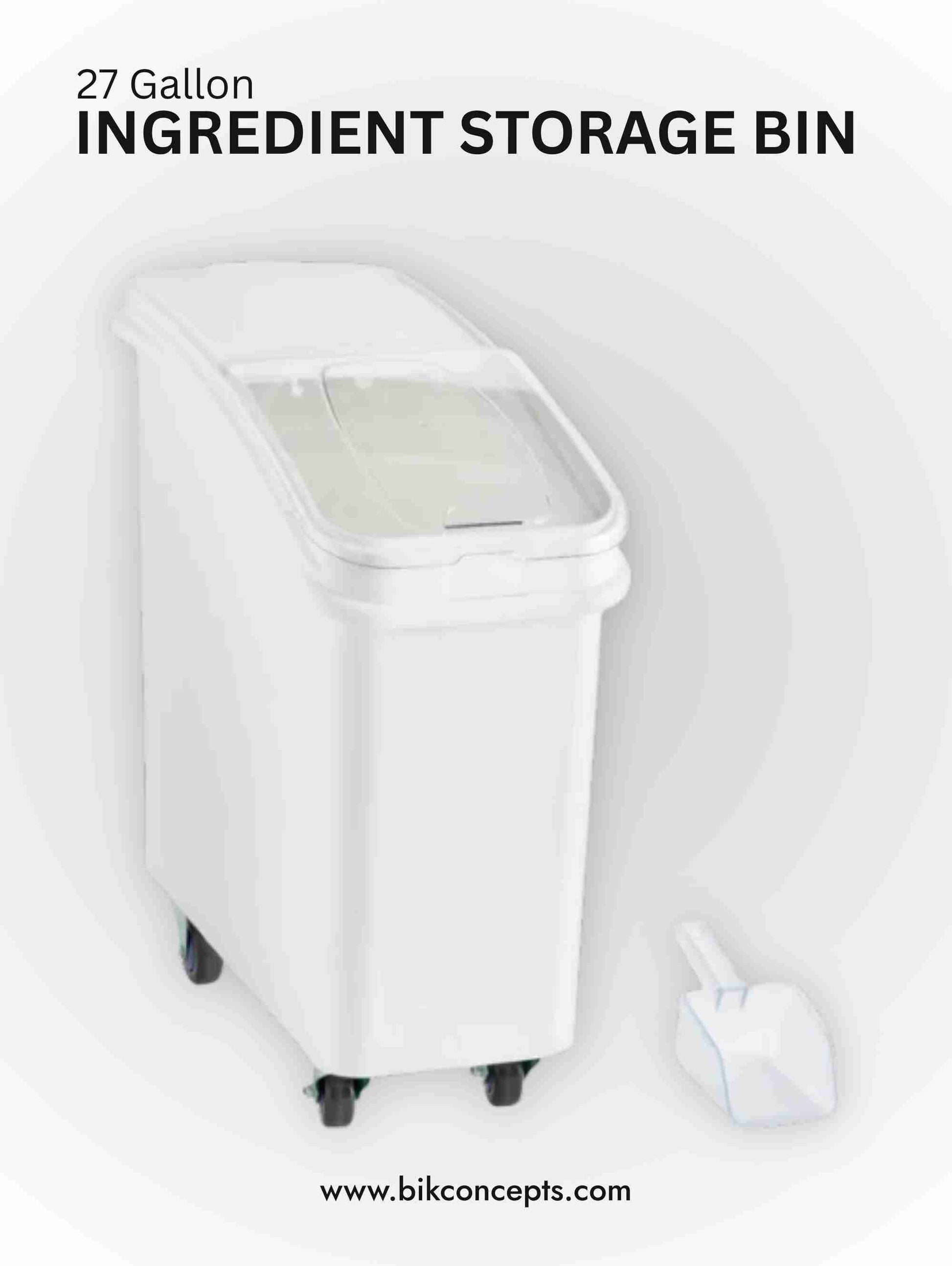 27 gallon mobile ingredient storage bin with sliding lid and scoop, commercial ingredient storage bin on wheels, bakery flour storage bin 21 gallon capacity