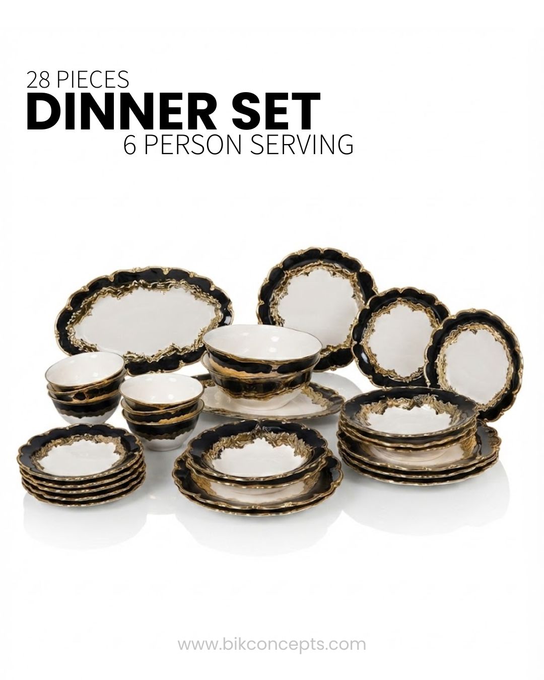 A 28-piece dinner set for 6 people, featuring white ceramic plates and bowls with black scalloped rims and gold accents, 28 Piece Porcelain Dinnerware Set, Luxury Gold Plated Dinner Set, Black and Gold Crockery Set for 6, High End Porcelain Dish Set USA, Designer Scalloped Edge Dinnerware, Regal Baroque Gold Dinner Plates, Elegant Estate Dining Table Set, Luxury Wedding Registry Crockery, Gold Rimmed Soup Bowl Set, Fine Porcelain Oval Serving Platter