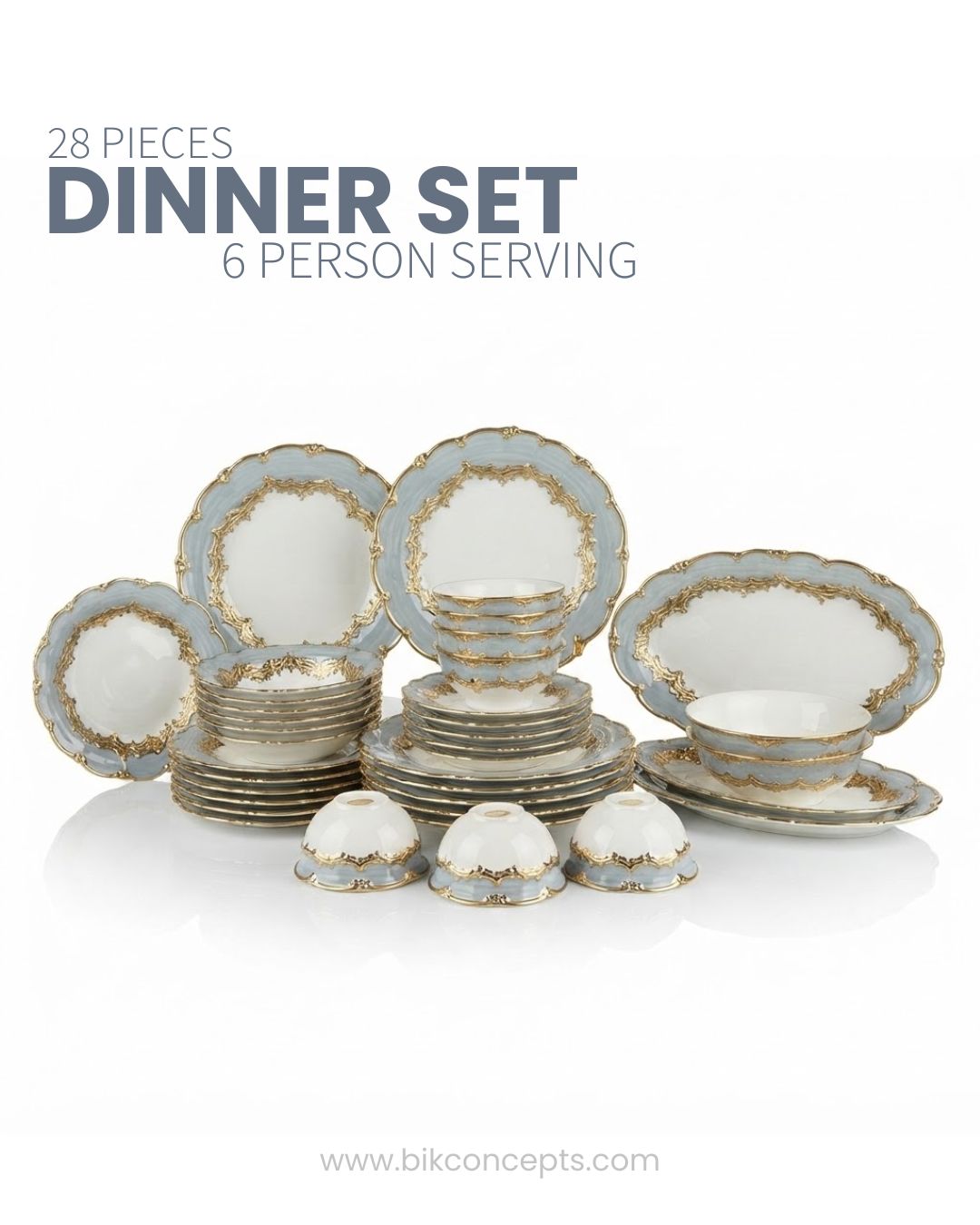 A 28-piece dinner set for 6 people, featuring white plates and bowls with elegant gold borders and light blue accents, 28 Piece Porcelain Dinnerware Set, Luxury Gold Plated Dinner Set, Powder Blue and Gold Crockery Set for 6, High End Porcelain Dish Set USA, Designer Scalloped Edge Dinnerware, Regal Baroque Gold Dinner Plates, Elegant Estate Dining Table Set, Luxury Wedding Registry Crockery, Gold Rimmed Soup Bowl Set, Fine Porcelain Oval Serving Platter