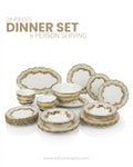 A 28-piece dinner set for 6 people, featuring white ceramic plates and bowls with elegant gold-gilded scalloped edges, 28 Piece Porcelain Dinnerware Set, Luxury Gold Plated Dinner Set, Sage Green and Gold Crockery Set for 6, High End Porcelain Dish Set USA, Designer Scalloped Edge Dinnerware, Regal Baroque Gold Dinner Plates, Elegant Estate Dining Table Set, Luxury Wedding Registry Crockery, Gold Rimmed Soup Bowl Set, Fine Porcelain Oval Serving Platter