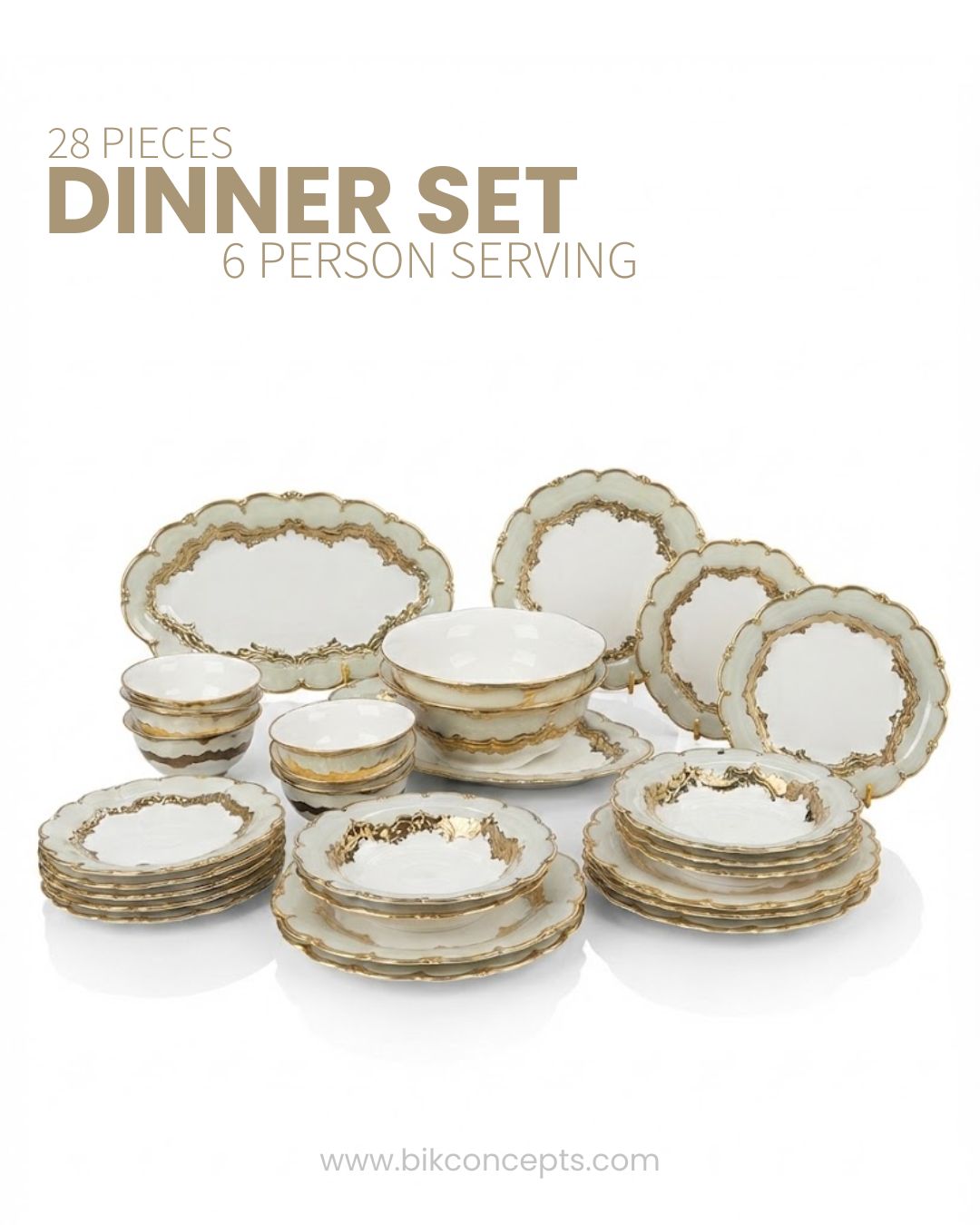 A 28-piece dinner set for 6 people, featuring white ceramic plates and bowls with elegant gold-gilded scalloped edges, 28 Piece Porcelain Dinnerware Set, Luxury Gold Plated Dinner Set, Sage Green and Gold Crockery Set for 6, High End Porcelain Dish Set USA, Designer Scalloped Edge Dinnerware, Regal Baroque Gold Dinner Plates, Elegant Estate Dining Table Set, Luxury Wedding Registry Crockery, Gold Rimmed Soup Bowl Set, Fine Porcelain Oval Serving Platter