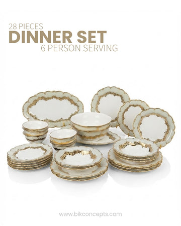 A 28-piece dinner set for 6 people, featuring white ceramic plates and bowls with elegant gold-gilded scalloped edges, 28 Piece Porcelain Dinnerware Set, Luxury Gold Plated Dinner Set, Sage Green and Gold Crockery Set for 6, High End Porcelain Dish Set USA, Designer Scalloped Edge Dinnerware, Regal Baroque Gold Dinner Plates, Elegant Estate Dining Table Set, Luxury Wedding Registry Crockery, Gold Rimmed Soup Bowl Set, Fine Porcelain Oval Serving Platter