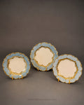 Three vintage ceramic plates with scalloped light blue edges, gold trim, and cream centers,28 Piece Porcelain Dinnerware Set, Luxury Gold Plated Dinner Set, Powder Blue and Gold Crockery Set for 6, High End Porcelain Dish Set USA, Designer Scalloped Edge Dinnerware, Regal Baroque Gold Dinner Plates, Elegant Estate Dining Table Set, Luxury Wedding Registry Crockery, Gold Rimmed Soup Bowl Set, Fine Porcelain Oval Serving Platter