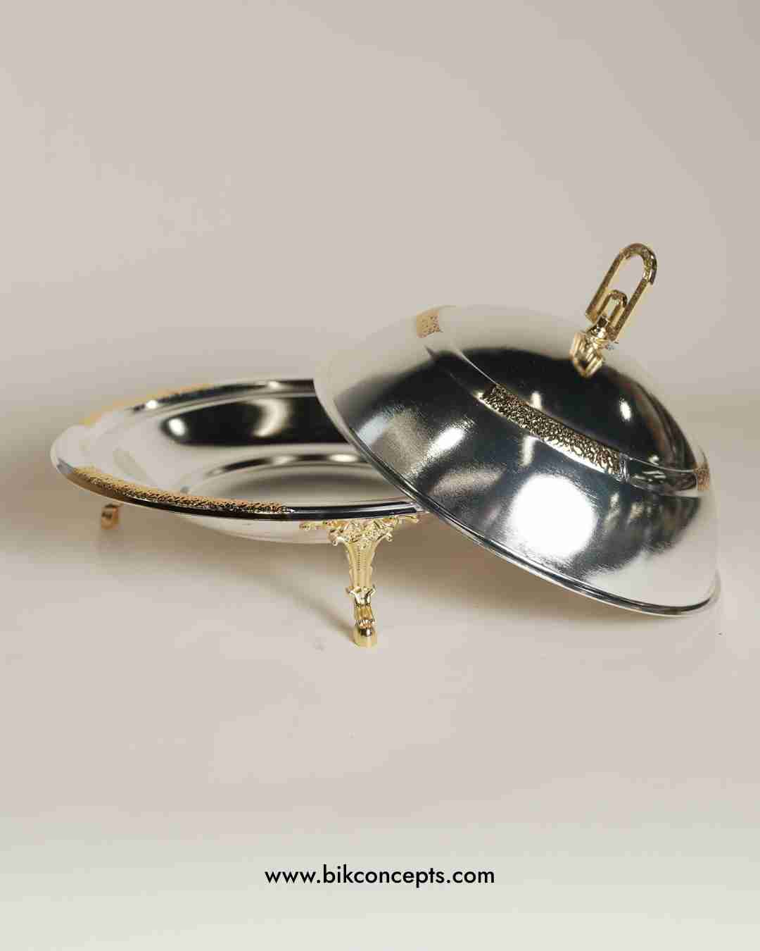 Domed serving platter, stainless steel buffet server, silver and gold serving dish, elegant food warmer with lid, luxury hosting platter, decorative party server