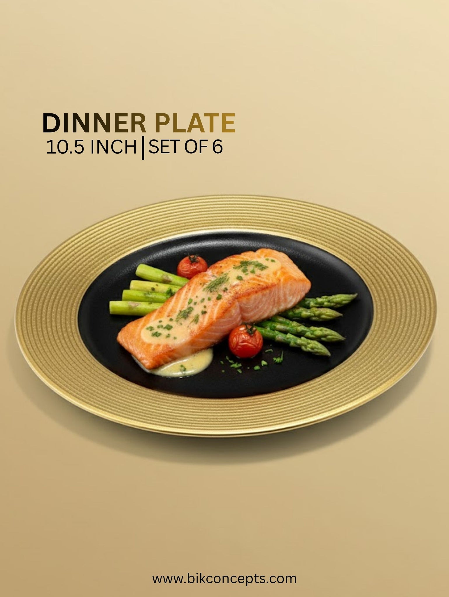 Set of 6 – 10.5 inch Luxe Entrée Plates with Gold Textured Rim
