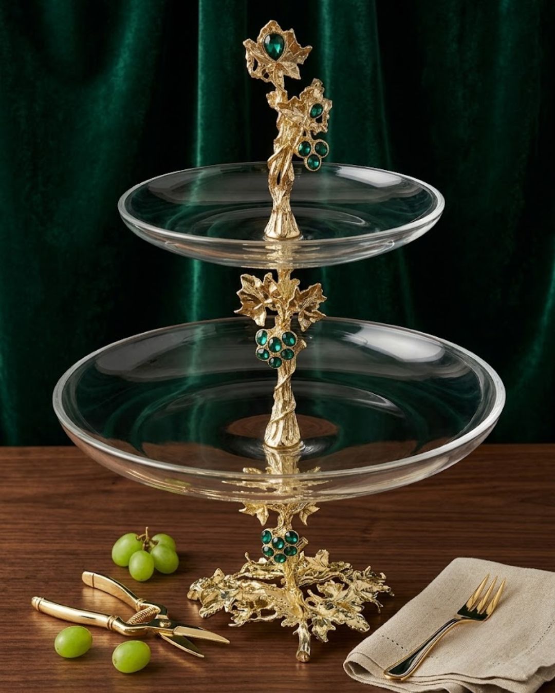luxury 2 tier glass serving stand, emerald collection tiered dessert display, clear glass two tier platter silver vine, high end pastry cupcake display tower, jewel accented multi level serving tray, bik concepts 2 tier platter, premium silver and green buffet riser, elegant high afternoon tea stand glass, decorative tiered fruit bowl centerpiece, luxury wedding party dessert stand metal, sophisticated 17 inch tiered glass serveware, regal silver vine glass afternoon tea tower,