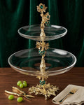 luxury 2 tier glass serving stand, emerald collection tiered dessert display, clear glass two tier platter silver vine, high end pastry cupcake display tower, jewel accented multi level serving tray, bik concepts 2 tier platter, premium silver and green buffet riser, elegant high afternoon tea stand glass, decorative tiered fruit bowl centerpiece, luxury wedding party dessert stand metal, sophisticated 17 inch tiered glass serveware, regal silver vine glass afternoon tea tower,