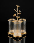Gold Cutlery Holder, Luxury Flatware Caddy, High End Catering Utensil Holder, Fluted Glass Spoon Fork Stand, Gold Metal Silverware Organizer, Decorative Buffet Flatware Caddy, Upscale Wedding Utensil Stand, Designer Kitchen Counter Cutlery Caddy, 3 Compartment Glass Cutlery Stand, Luxury Tabletop Utensil Storage