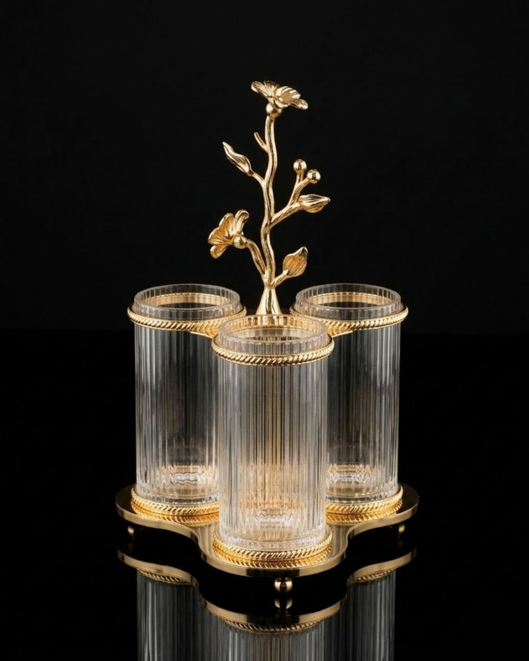 Gold Cutlery Holder, Luxury Flatware Caddy, High End Catering Utensil Holder, Fluted Glass Spoon Fork Stand, Gold Metal Silverware Organizer, Decorative Buffet Flatware Caddy, Upscale Wedding Utensil Stand, Designer Kitchen Counter Cutlery Caddy, 3 Compartment Glass Cutlery Stand, Luxury Tabletop Utensil Storage