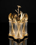 Gold Cutlery Holder, Luxury Flatware Caddy, High End Catering Utensil Holder, Fluted Glass Spoon Fork Stand, Gold Metal Silverware Organizer, Decorative Buffet Flatware Caddy, Upscale Wedding Utensil Stand, Designer Kitchen Counter Cutlery Caddy, 3 Compartment Glass Cutlery Stand, Luxury Tabletop Utensil Storage