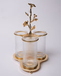 Gold Cutlery Holder, Luxury Flatware Caddy, High End Catering Utensil Holder, Fluted Glass Spoon Fork Stand, Gold Metal Silverware Organizer, Decorative Buffet Flatware Caddy, Upscale Wedding Utensil Stand, Designer Kitchen Counter Cutlery Caddy, 3 Compartment Glass Cutlery Stand, Luxury Tabletop Utensil Storage