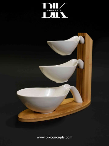 Bamboo boat server, 3 tier porcelain stand,