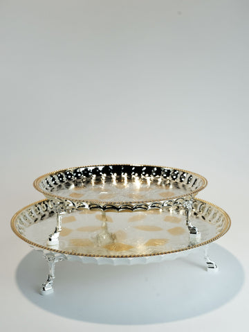 Regal Two-Tone Silver & Gold Tray | Luxury Serving Tray with Pedestal Stand (2 Pcs)