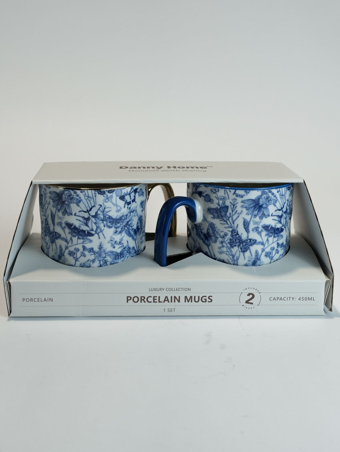 Luxury Blue & White Porcelain Mug Set (450ml) - Elegant Couple Gift with Gold Accent