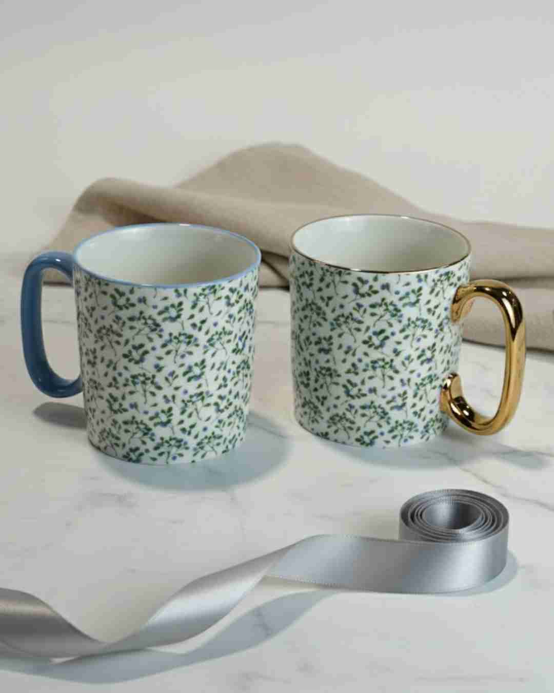 Green Foliage Porcelain Mug Set (450ml) with Gold & Sky Blue Handles Set of 2