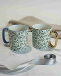 Green Foliage Porcelain Mug Set (450ml) with Gold & Sky Blue Handles Set of 2