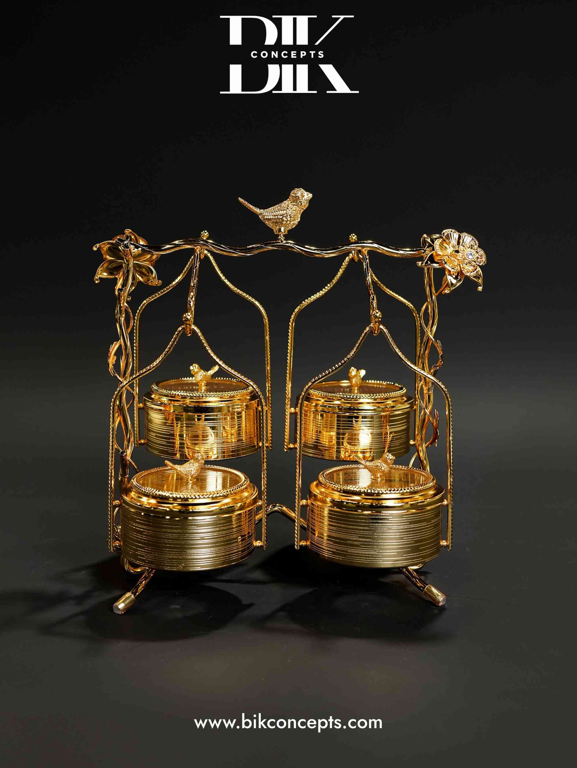 Gold dry fruit set, luxury serving tray, bird theme home decor, 4-tier snack organizer, wedding return gifts, dry fruit box for guests, decorative metal serving stand, festive tabletop centerpiece, dry fruit bowl with lid