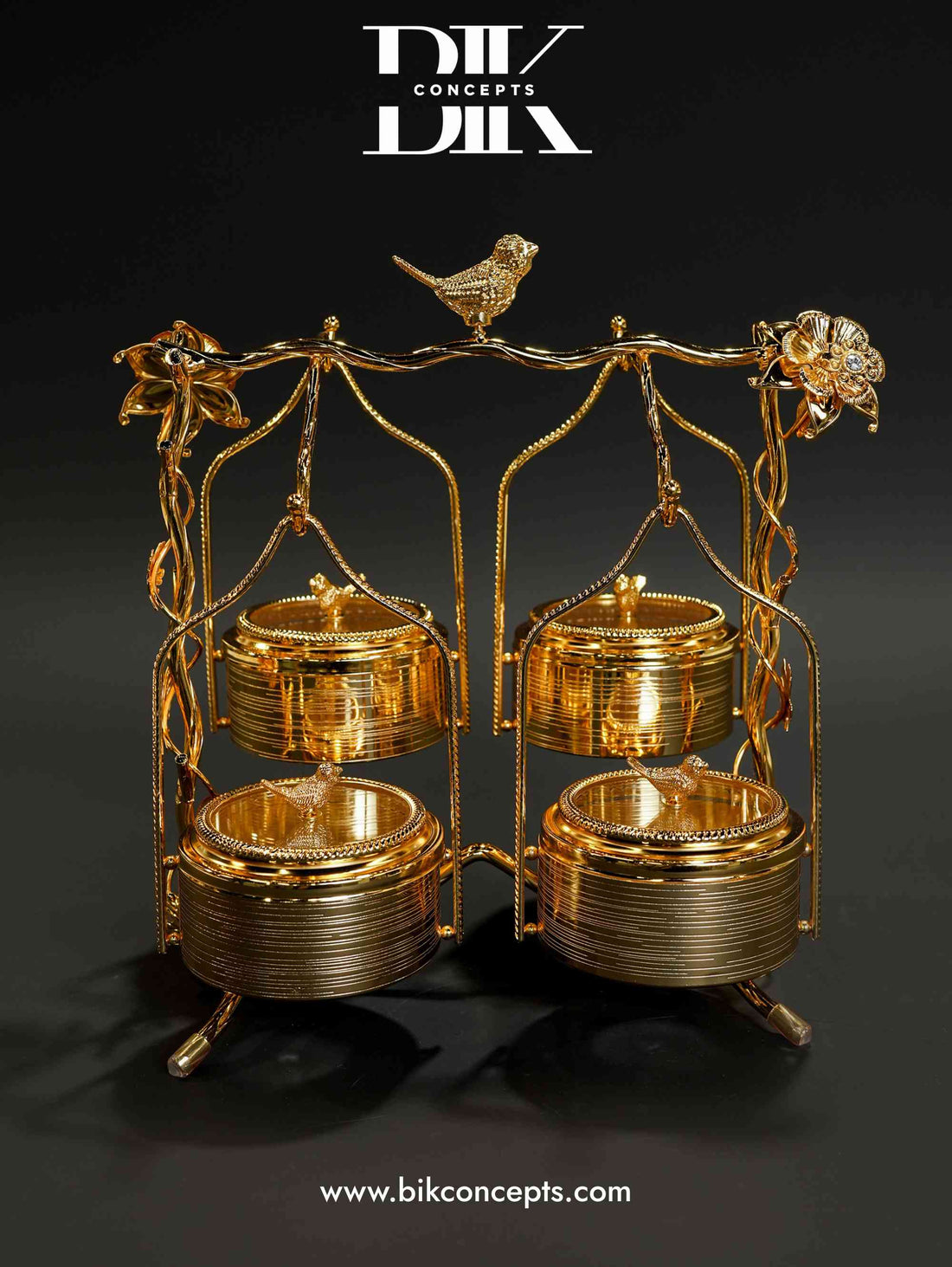 Gold dry fruit set, luxury serving tray, bird theme home decor, 4-tier snack organizer, wedding return gifts, dry fruit box for guests, decorative metal serving stand, festive tabletop centerpiece, dry fruit bowl with lid