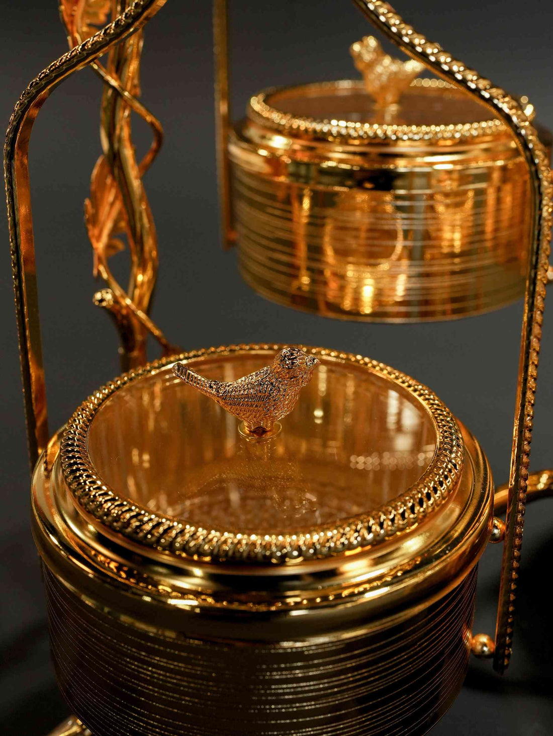 Gold dry fruit set, luxury serving tray, bird theme home decor, 4-tier snack organizer, wedding return gifts, dry fruit box for guests, decorative metal serving stand, festive tabletop centerpiece, dry fruit bowl with lid