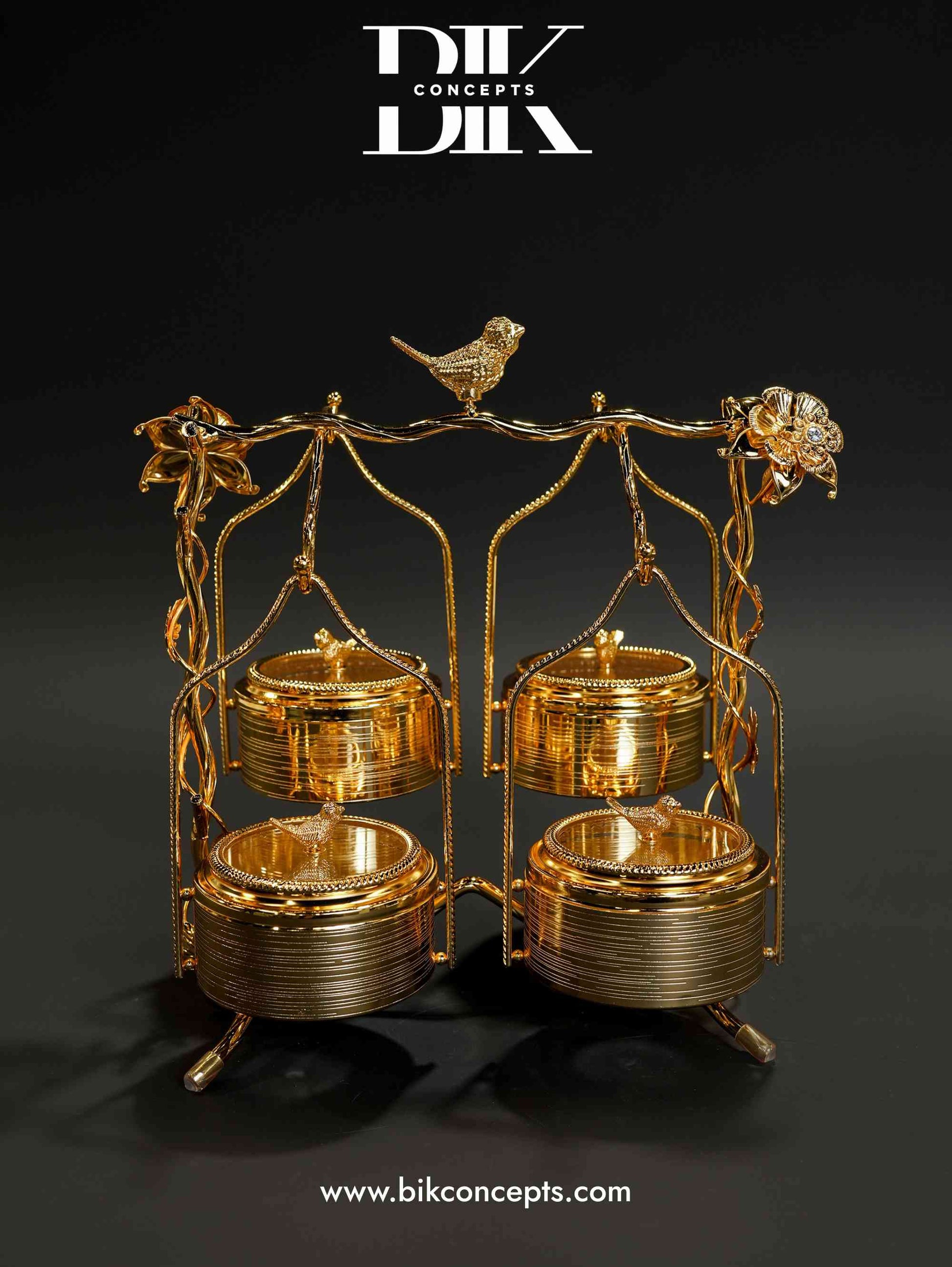 Gold dry fruit set, luxury serving tray, bird theme home decor, 4-tier snack organizer, wedding return gifts, dry fruit box for guests, decorative metal serving stand, festive tabletop centerpiece, dry fruit bowl with lid