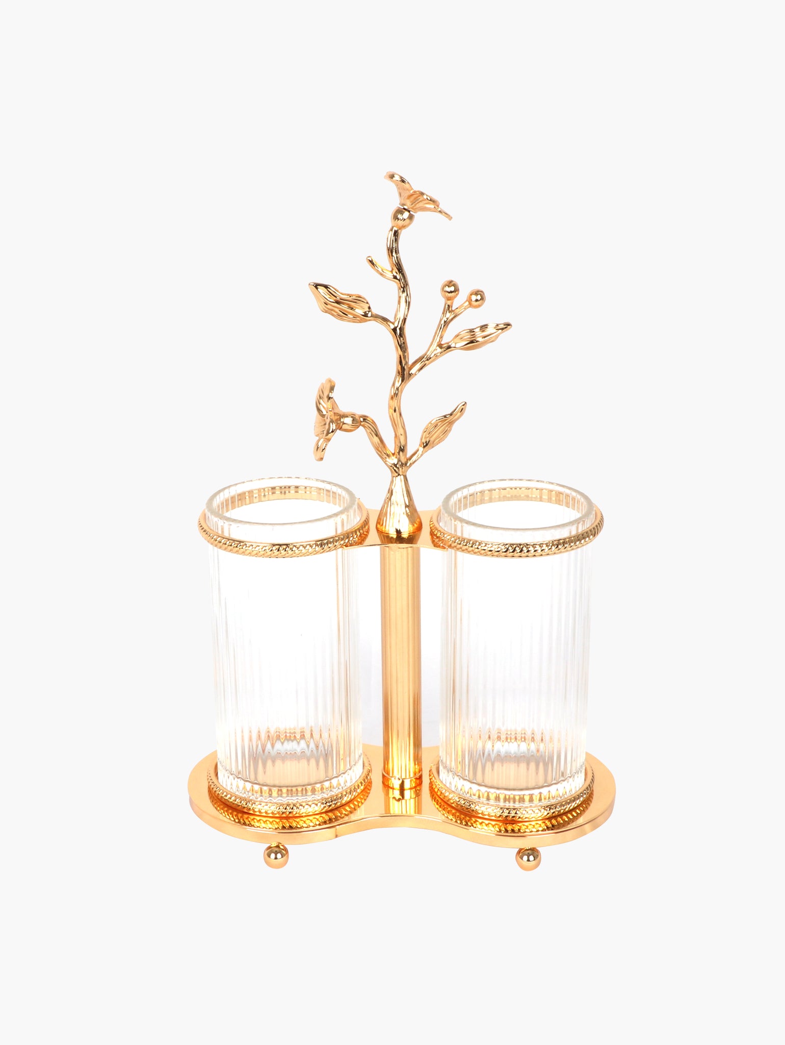 Metallic gold finish cutlery holder with two compartments for dining use