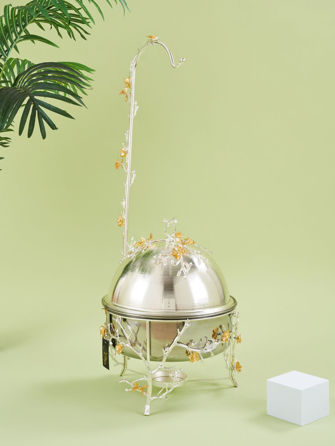 luxury chafing dish, designer buffet server, magnolia gold food warmer, floral catering equipment, silver and gold chafing dish, high-end wedding buffet