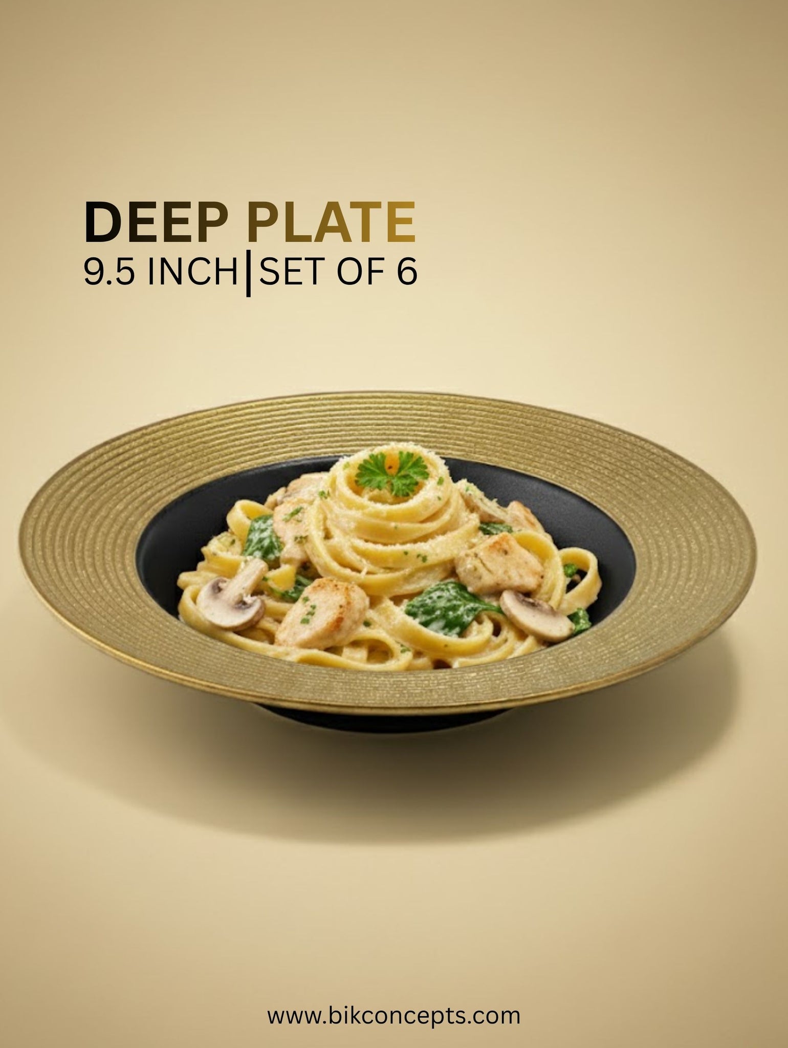 Set of 6 – 9.5inch Luxe Deep Plates with Gold Textured Rim