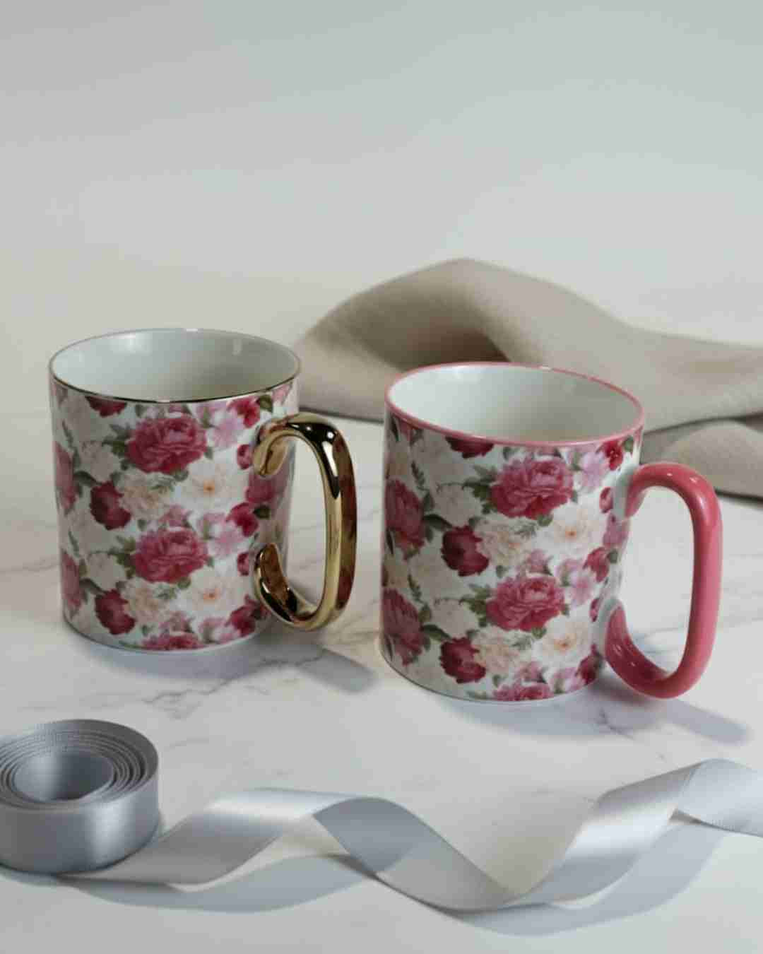 Pink Rose Porcelain Mug Set (450ml) - Floral Print with Gold & Fuchsia Handles, set of 2