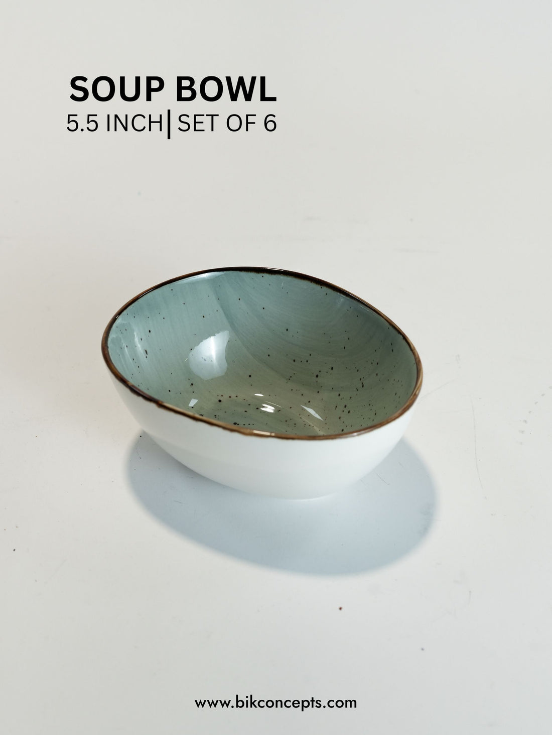 5.5 Inch Seafoam Speckle Asymmetric Soup Bowl Set of 6, Small Ceramic Cereal and Rice Bowls, Seafoam Speckle Stoneware Side Dishes with Dark Rim, Dishwasher and Microwave Safe Soup Bowls, Commercial Grade Individual Portion Bowls, BIK Concepts Small Deep Serving Bowls