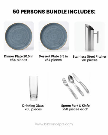 Commercial Tableware Bundle 50 Person, Blue Speckled Porcelain Plates Bulk, Restaurant Service Dinnerware Package, Hotel Banquet Table Setup Package, Catering Dishware and Flatware Set for 50, Heavy Gauge Hammered Cutlery Set, Stainless Steel Pitcher with Ice Guard, Modern Blue Ceramic Restaurant Dishes