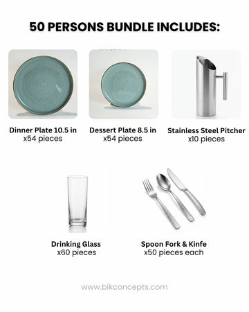 Commercial Tableware Bundle 50 Person, Restaurant Service Dinnerware Set Bulk, Seafoam Green Speckled Porcelain Plates Bulk, Catering Equipment Dining Set for 50 Guests, Hotel Banquet Cutlery and Dishware Bundle, Heavy Gauge Hammered Stainless Steel Flatware Set, Commercial Beverage Pitcher and Glass Set, Event Catering Dinnerware Package 50 Capacity