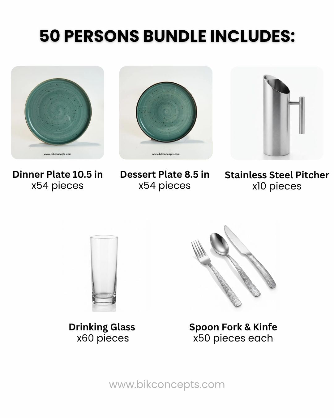 Commercial Tableware Bundle 50 Person, Teal Green Speckled Porcelain Plates Bulk, Restaurant Service Dinnerware Package, Hotel Banquet Table Setup Package, Catering Dishware and Flatware Set for 50, Heavy Gauge Hammered Cutlery Set, Stainless Steel Pitcher with Ice Guard, Modern Green Ceramic Restaurant Dishes