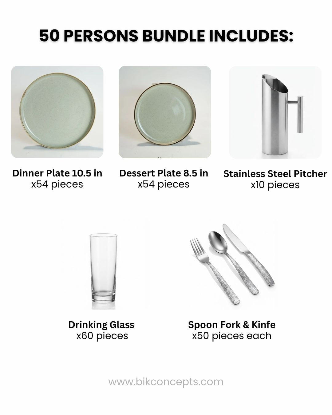 Commercial Tableware Bundle 50 Person, Beige Speckled Porcelain Plates Bulk, Restaurant Service Dinnerware Package, Hotel Banquet Table Setup Package, Catering Dishware and Flatware Set for 50, Heavy Gauge Hammered Cutlery Set, Commercial Beverage Pitcher and Glass Set, Modern Beige Ceramic Restaurant Dishes