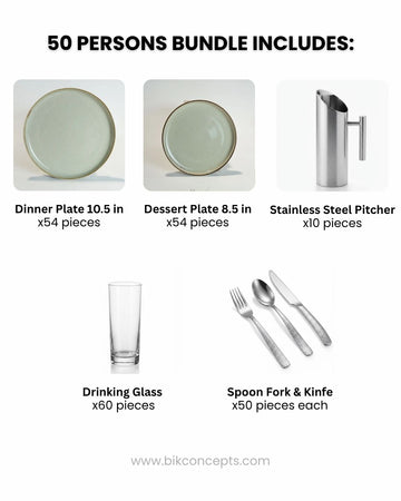 Commercial Tableware Bundle 50 Person, Beige Speckled Porcelain Plates Bulk, Restaurant Service Dinnerware Package, Hotel Banquet Table Setup Package, Catering Dishware and Flatware Set for 50, Heavy Gauge Hammered Cutlery Set, Commercial Beverage Pitcher and Glass Set, Modern Beige Ceramic Restaurant Dishes