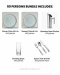 Commercial Tableware Bundle 50 Person, Speckled White Porcelain Plates Bulk, Restaurant Service Dinnerware Package, Hotel Banquet Table Setup Package, Catering Dishware and Flatware Set for 50, Heavy Gauge Hammered Cutlery Set, Commercial Beverage Pitcher and Glass Set, Modern White Ceramic Restaurant Dishes
