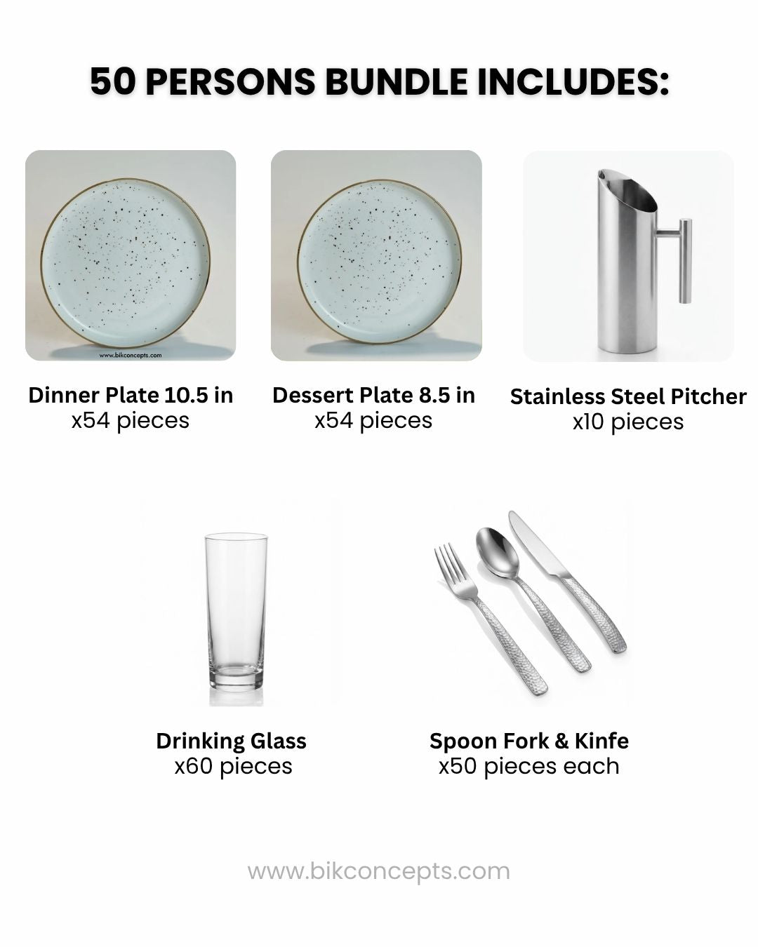 Commercial Tableware Bundle 50 Person, Speckled White Porcelain Plates Bulk, Restaurant Service Dinnerware Package, Hotel Banquet Table Setup Package, Catering Dishware and Flatware Set for 50, Heavy Gauge Hammered Cutlery Set, Commercial Beverage Pitcher and Glass Set, Modern White Ceramic Restaurant Dishes