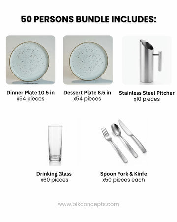 Commercial Tableware Bundle 50 Person, Speckled White Porcelain Plates Bulk, Restaurant Service Dinnerware Package, Hotel Banquet Table Setup Package, Catering Dishware and Flatware Set for 50, Heavy Gauge Hammered Cutlery Set, Commercial Beverage Pitcher and Glass Set, Modern White Ceramic Restaurant Dishes