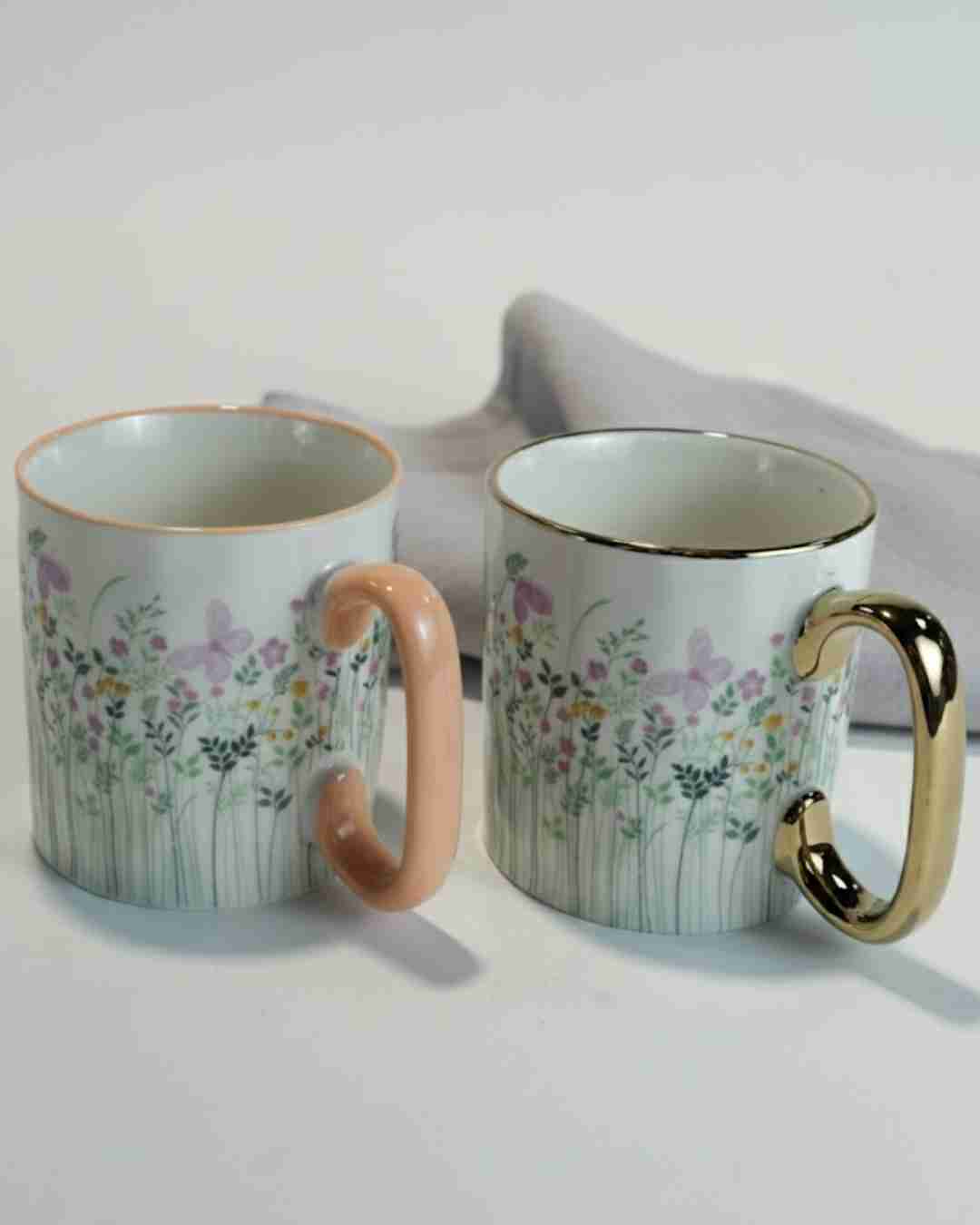 Wildflower Meadow Porcelain Mug Set (450ml) with Gold & Peach Handles, set of 2