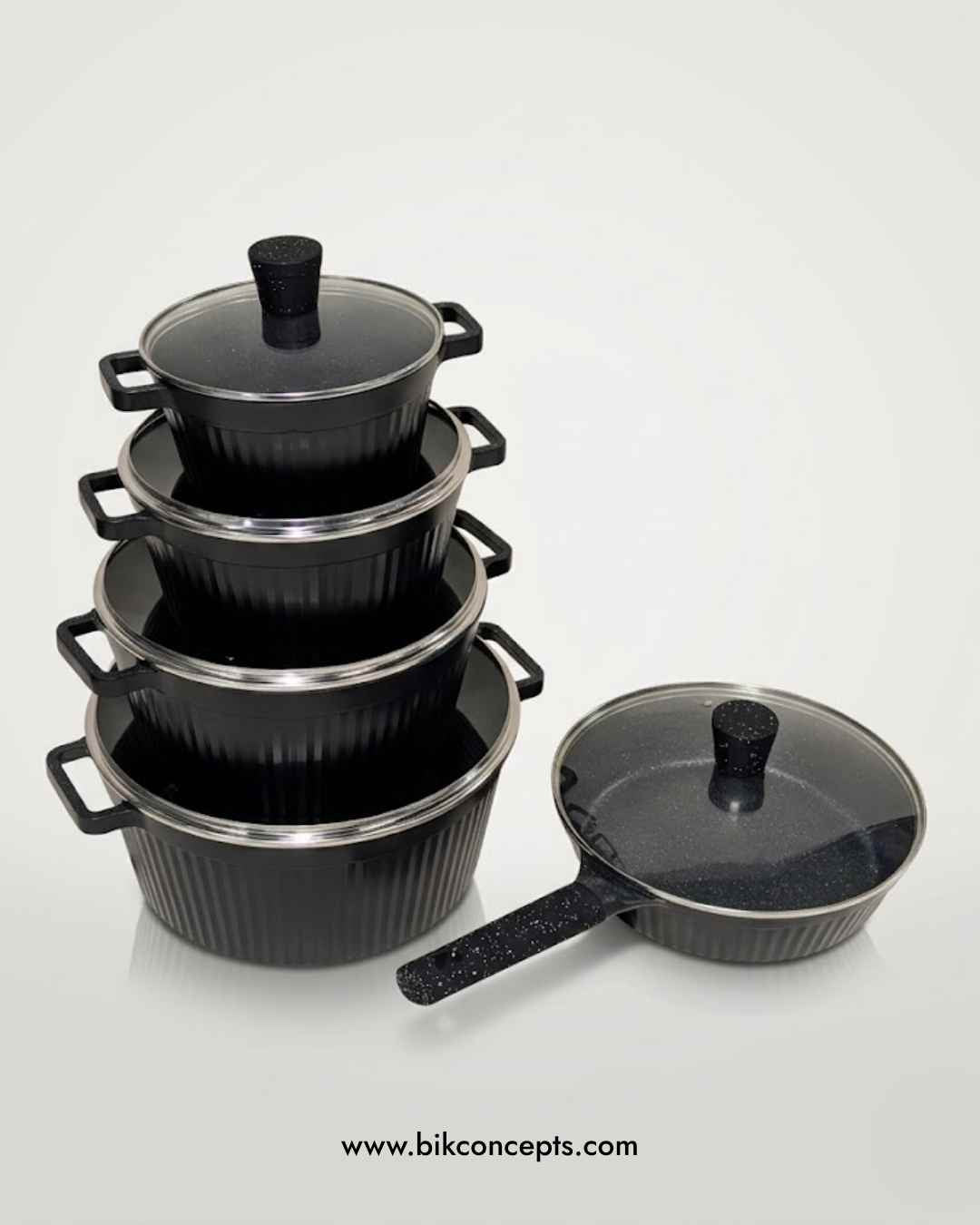10 piece cooking set, black non-stick cookware, aluminum pot and pan set, PFOA free cookware, eco-friendly kitchen set, non-stick casserole set, deep fry pan with lid.