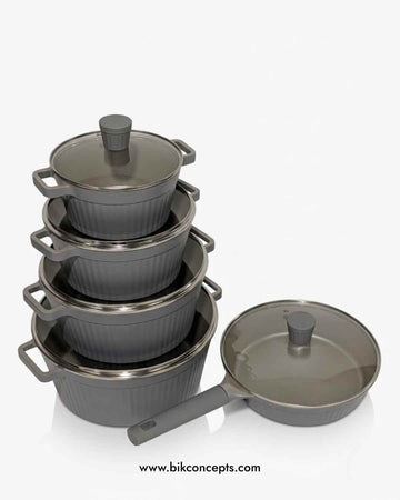 Grey non-stick cookware set, 10 piece aluminum pot set, PFOA free grey pans, eco-friendly casserole set, modern grey kitchen cookware, large non-stick pot bundle, healthy cooking set with glass lids